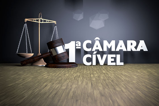 Arte com um martelo de juiz na frente de uma balança e a palavra "1ª Câmara Cível" em letras brancas ao lado dos itens