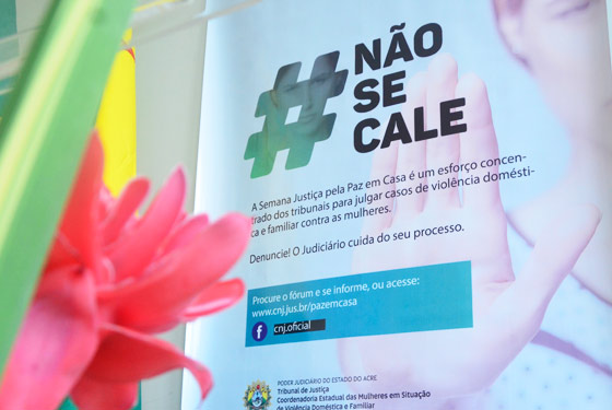 Foto enquadrando o banner da Semana Justiça pela Paz em casa e na lateral esquerda inferior parte do arranjo de flor. No banner está escrito "# não se cale"