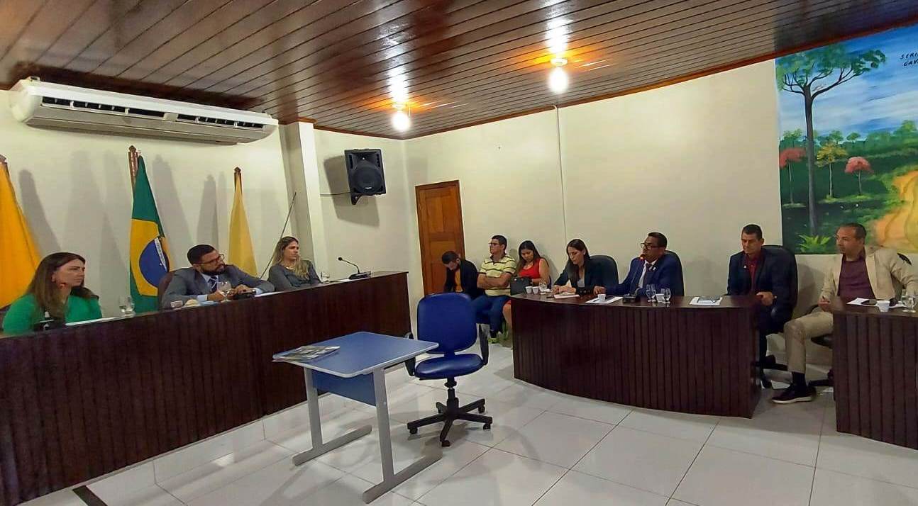 imagem da plenária da câmara de capixaba com um balcão no formato de L e as pessoas sentadas atrás dele