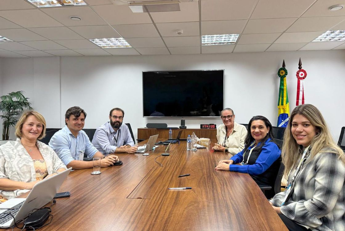 A imagem mostra seis pessoas reunidas em uma sala de reuniões ao redor de uma grande mesa de madeira. Todos parecem estar participando de uma reunião de trabalho, com notebooks, garrafas de água e alguns documentos sobre a mesa. A sala tem um design corporativo, com um monitor de tela grande na parede ao fundo e bandeiras do Brasil e de outro estado ou instituição ao lado. As pessoas na foto estão sorrindo e parecem engajadas na reunião. A iluminação é clara, vinda das luzes no teto.