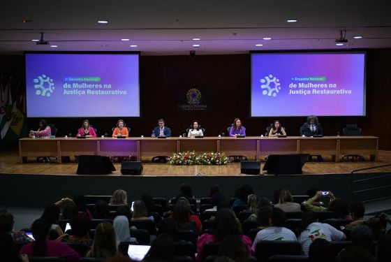 A imagem mostra um auditório cheio de pessoas, a maioria mulheres, todas de pé. Elas vestem roupas formais e semiformais, com algumas usando crachás de identificação. Há uma grande diversidade de cores nas vestimentas, incluindo tons de roxo, preto, branco e outras cores vibrantes. O ambiente é um auditório amplo, com cadeiras acolchoadas e corredores espaçosos. O fundo da imagem revela uma parede de madeira escura e uma pequena área iluminada, possivelmente uma cabine de apoio técnico. O clima do evento parece ser institucional, sugerindo uma conferência, seminário ou encontro de profissionais, possivelmente relacionado a temas jurídicos ou de direitos humanos.