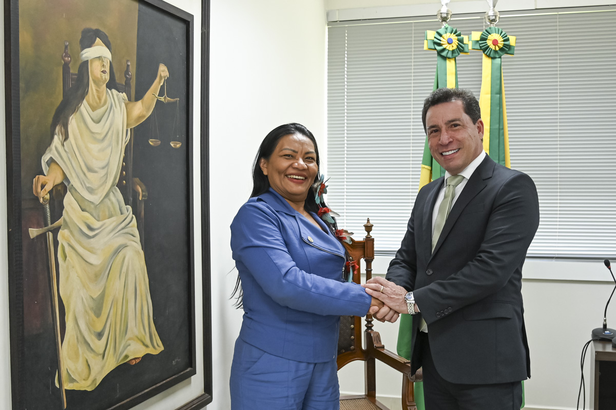 A imagem mostra duas pessoas em um ambiente formal, apertando as mãos e sorrindo, possivelmente celebrando um acordo ou reunião bem-sucedida. A mulher à esquerda está vestida com um traje azul e tem cabelos longos e pretos. O homem à direita está usando um terno escuro com camisa branca e gravata verde-clara. Ao fundo, há dois elementos de destaque: Uma pintura da deusa da justiça (Temis), caracterizada por estar vendada, segurando uma balança em uma mão e uma espada na outra, simbolizando imparcialidade e justiça. Duas bandeiras decoradas com laços nas cores verde, amarelo e azul, que remetem à bandeira do Brasil, indicando que a foto foi tirada em um ambiente institucional brasileiro, possivelmente um órgão público, tribunal ou ministério. Há também uma cadeira de madeira ao fundo e uma janela com persianas horizontais, além de um microfone sobre uma mesa no canto direito. A atmosfera da imagem transmite formalidade e cordialidade.