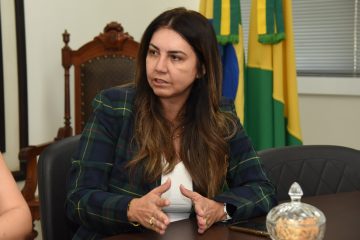 A imagem mostra uma mulher participando de uma reunião formal, sentada à mesa. Ela está em destaque, com as mãos gesticulando enquanto fala, o que sugere que está explicando ou argumentando algo com ênfase. A mulher tem cabelos longos e castanhos, veste um blazer xadrez em tons de verde escuro e azul, sobre uma blusa branca. Usa alguns acessórios discretos, como anéis, colar e pulseira, e está com um relógio no pulso. À sua frente, sobre a mesa, há um pote de vidro com petiscos e um celular. Ao fundo, é possível ver parcialmente bandeiras do Brasil e do estado do Acre, o que indica que o encontro acontece em um ambiente institucional, provavelmente governamental ou jurídico. Também há uma cadeira de madeira entalhada, de estilo clássico, reforçando o caráter solene do local. A expressão facial da mulher transmite seriedade e foco, compatível com uma situação de discussão importante ou tomada de decisões.
