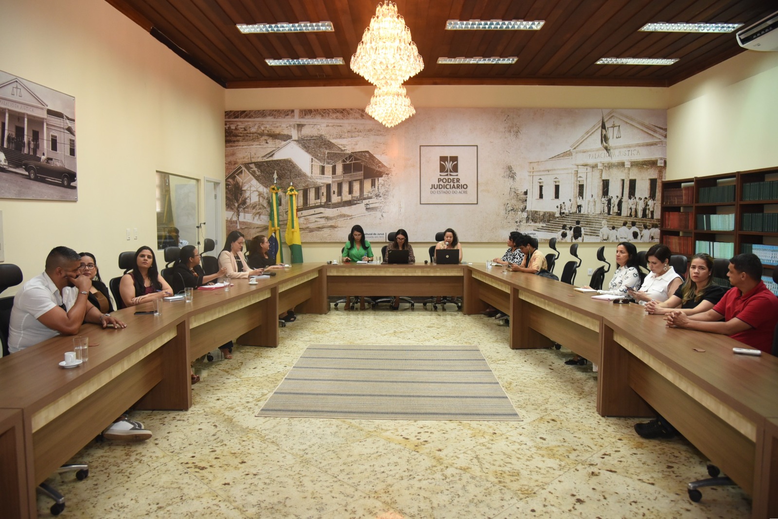 A imagem mostra uma reunião institucional em andamento em uma sala de conferências do Poder Judiciário do Estado do Acre. A sala é ampla e bem iluminada, com decoração elegante e formal, e abriga cerca de 20 pessoas sentadas ao redor de uma mesa em formato de “U”. Elementos visuais e contextuais: Participantes: Homens e mulheres, com idades variadas, estão sentados ao redor da mesa, prestando atenção, tomando notas ou usando notebooks. No centro da mesa, três mulheres — duas com notebooks abertos — parecem conduzir a reunião. As vestimentas são predominantemente formais e semi-formais, o que sugere um ambiente profissional e de trabalho técnico ou administrativo. Ambiente: Ao fundo, há duas grandes imagens históricas em preto e branco com prédios do judiciário. Bandeiras do Brasil e do Estado do Acre estão posicionadas ao lado esquerdo do mural. Ao centro da parede de fundo, vê-se a logomarca do Poder Judiciário do Estado do Acre. Estantes com livros organizados ocupam o lado direito, reforçando o caráter institucional e jurídico da sala. Um lustre de cristal pendurado no teto em madeira contribui para o ar solene do ambiente. No chão, há um tapete de listras no centro da sala. Interpretação: A imagem provavelmente registra um encontro interinstitucional, reunião de planejamento ou apresentação de um projeto social vinculado ao Judiciário. A formalidade do espaço, somada à atenção dos participantes, indica um momento de discussão ou deliberação sobre temas de interesse público ou comunitário, possivelmente relacionados à justiça, cidadania ou políticas sociais.
